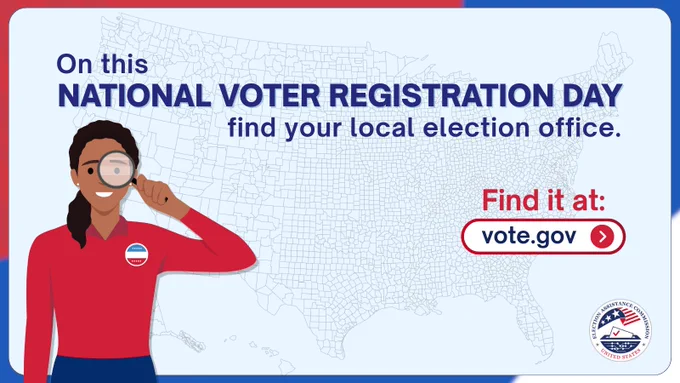 A red, white, and blue abstract shape border fills the frame with light blue inlayed rectangle. Top left in dark blue text reads "On this National Voter Registration Day find your local election office." Below in red text and a white button reads "Find it at:  vote.gov". Bottom left is a woman with 