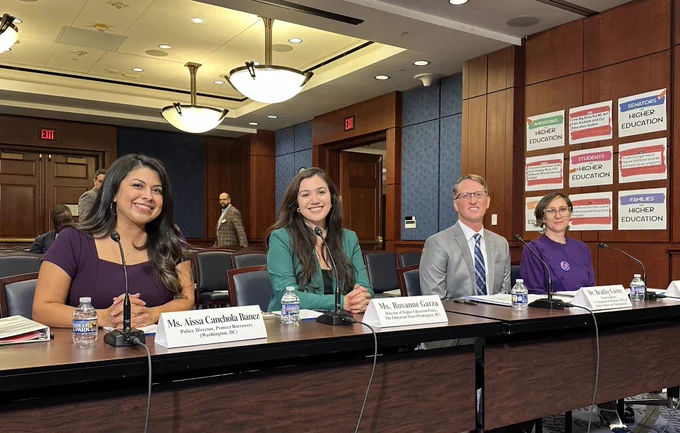 photo of all four key witnesses before testifying: Aissa Canchola Banez.
Policy Director, Protect Borrowers (Washington, DC)

Roxanne Garza
Director of Migher Education Policy
The Education Trust (Washington, DC

Dr. Bradley Custer
Former Employee,
U.S. Department of Education - Office of Federal Student Aid (Washington, DC)

Mary Modica
Educator and Student Borrower
(New York, NY)