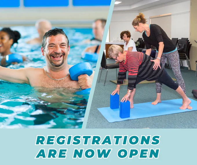 man exercising on a pool in a group class and a group of woman doing stretches with an instructor