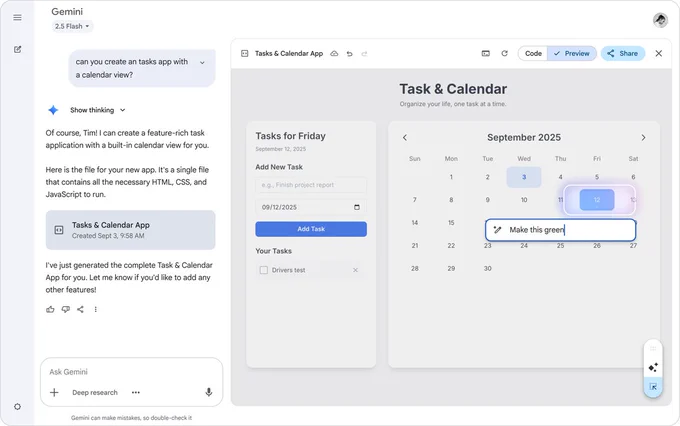 An image showing Gemini's "Select and Ask" feature in action within Gemini Canvas. A user is visually editing a task and calendar app prototype by clicking an element (September 12th on the calendar) and describing a change "Make this green".