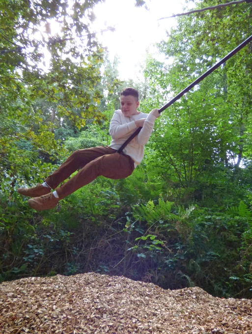 Teenager enjoying a zip wire in a woodland