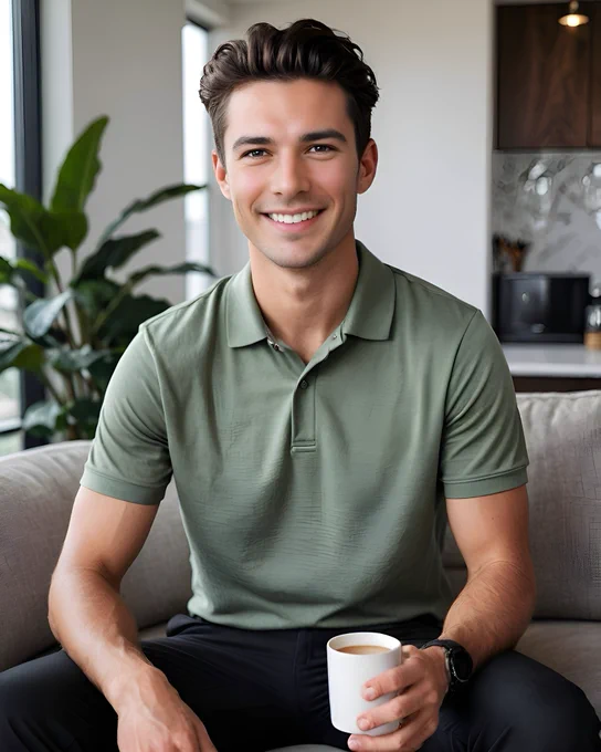 Michael Allen sits in the living room of his South Bluffs condo in Memphis, smiling warmly while holding a white coffee mug. He wears a light olive-green polo shirt and dark pants, framed by natural daylight streaming through the window. A plant and modern kitchen elements are visible in the background, adding depth and realism to the relaxed, professional scene.

