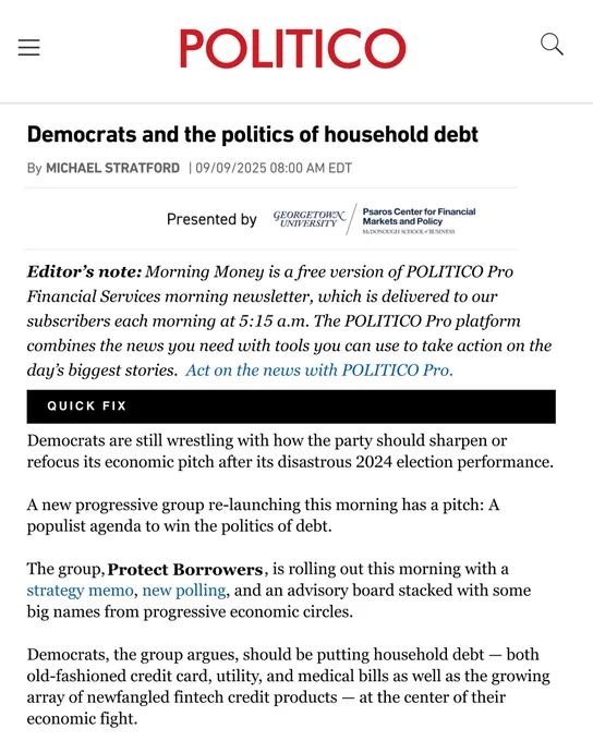 Screenshot of this Politico Morning Money https://www.politico.com/newsletters/morning-money/2025/09/09/democrats-and-the-politics-of-household-debt-00551692