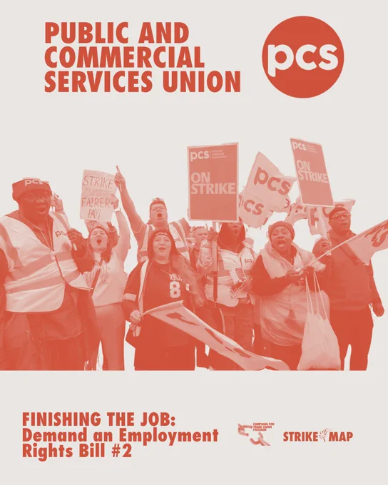 A group of demonstrators holding signs, including "PCS On Strike" and "Demand an Employment Rights Bill #2," rallying under the Public and Commercial Services Union logo.
