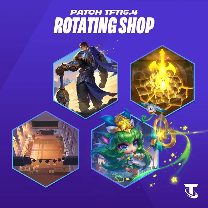 The headline "Patch TFT15.4 Rotating Shop" sits in white text over a geometric background with four hexagons. In them are the following: Garen Unbound, the Demacian Justice Boom, Chibi Star Guardian Lulu, and the Everything Goes On Arena. The Teamfight Tactics logo sits in the bottom right corner.