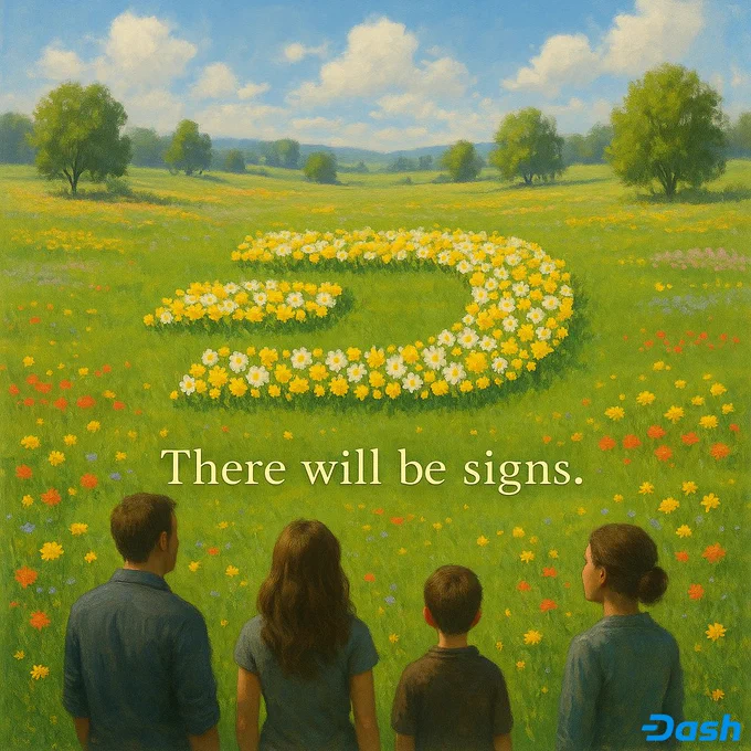 Overlooking a spring meadow, flower beds form the Dash logo. Text on image: "There will be signs".