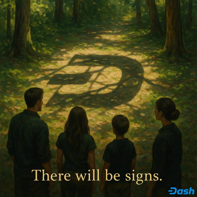 In a sun-dappled forest, branch shadows on the ground form the Dash logo. Text on image: "There will be signs".