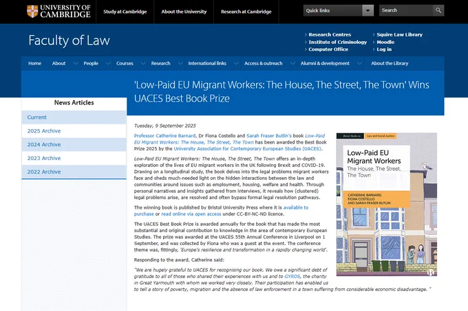 'Low-Paid EU Migrant Workers: The House, The Street, The Town' Wins UACES Best Book Prize