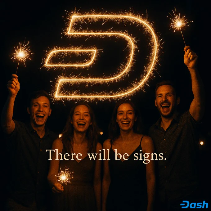 At night, partygoers draw the Dash logo with sparklers captured as light trails. Text on image: "There will be signs".