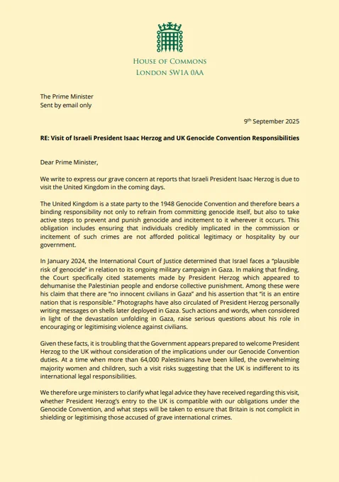 Text of a letter to the Prime Minister from 61 MPs and Peers in relation to the visit of President Herzog, stating the UK must uphold its responsibilities under the Genocide Convention. 