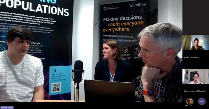 Screen capture of The Power of Population Data webinar, showing Dr Maksym Bondarenko, Dr Jessica Espey and Professor Andy Tatem.