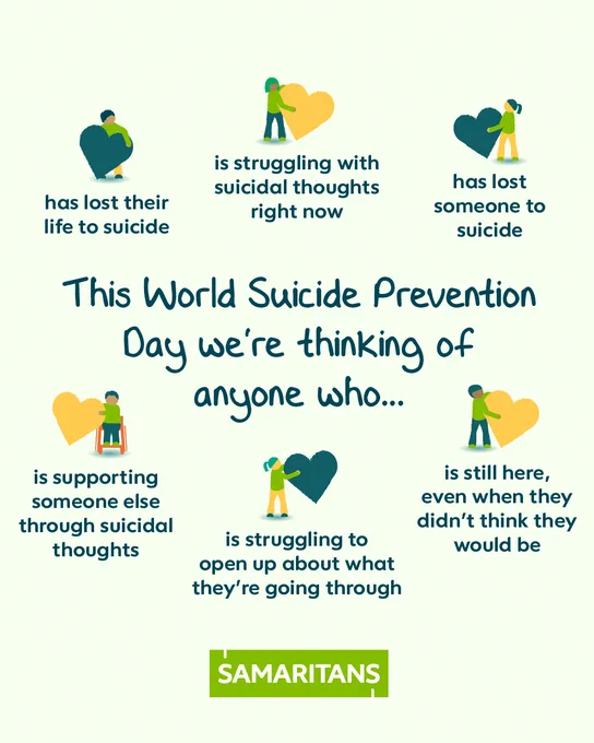 This World Suicide prevention day we're thinking of anyone who...

is struggling with suicide thoughts right now
has lost someone to suicide
is still here, even they didn't think they would be
is struggling to open up about they're going through 
is supporting someone else through suicidal thoughts
has lost their life to suicide 