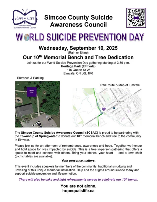 All (including media) are welcome to join the Simcoe County Suicide Awareness Council on World Suicide Prevention Day (Wednesday Sept 10, 2025 at 3:30pm) for our 10th Memorial Bench Dedication at Heritage Park, 116 Queen St W, Elmvale, Ontario. #WSPD #WSPD2025