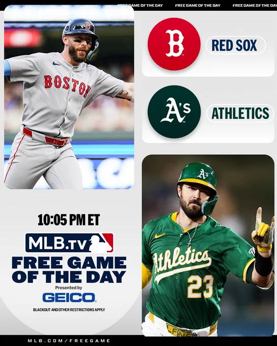 MLB.TV Free Game of the Day
Presented by GEICO
Red Sox vs. Athletics 10:05 PM ET
Pictured: Top left, Trevor Story wears a road gray Red Sox uniform with a dark blue batting helmet. Bottom right, Shea Langeliers wears a green Athletics jersey with a green and gold batting helmet.