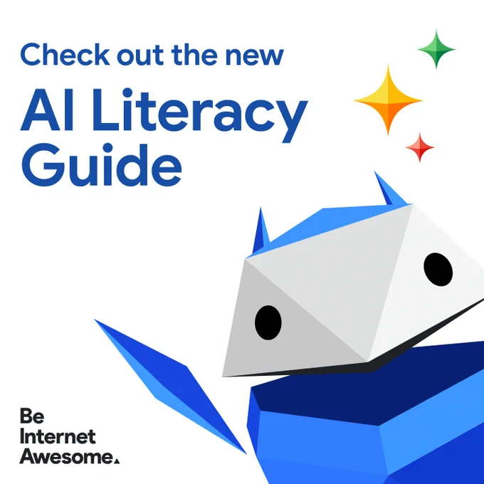 A graphic with text that says, "Check out the new AI Literacy Guide" and the Be Internet Awesome logo in the bottom left corner.