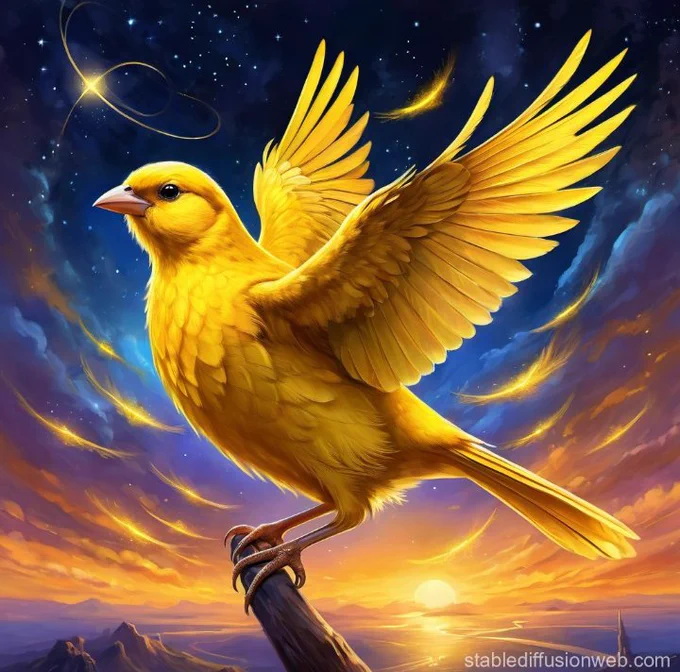 AI generated image by Stable Diffusion

Yellow canary bird perched upon a branch during a sunrise filled spacey fantasy scene.