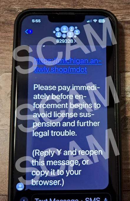 Phone showing a scam text message demanding payment.