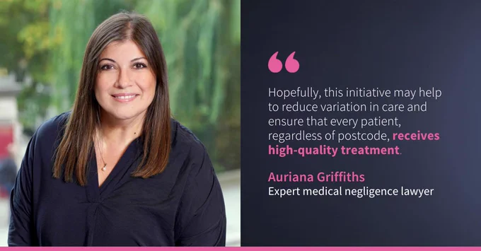 Image of Auriana Griffiths, an expert medical negligence lawyer, smiling in front of a blurred natural background. Next to the portrait is a quote about improving healthcare quality.
