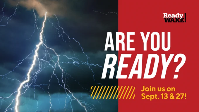 Photo of a lightning strike with text: "Are You Ready? Join Us on Sept. 13 & 27!"