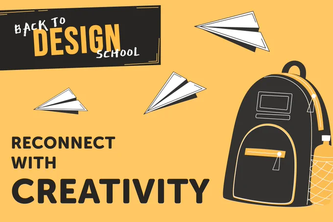 Yellow background with backpack and paper airplanes. Text overlay says "Reconnect with Creativity"