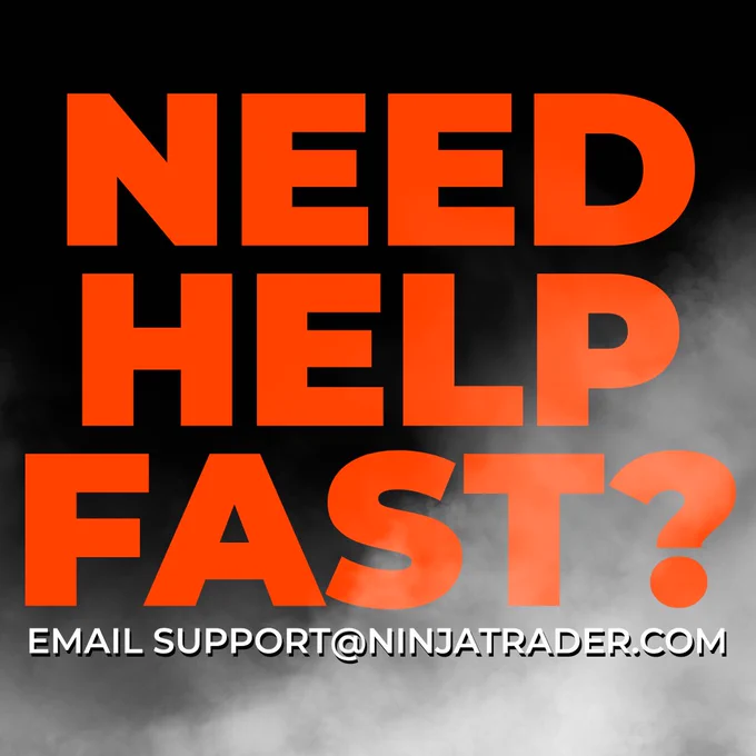 Promotional graphic with the text "Need Help Fast?" in large white letters on an orange background. Below, in smaller white text, it says "Email support@ninjatrader.com."