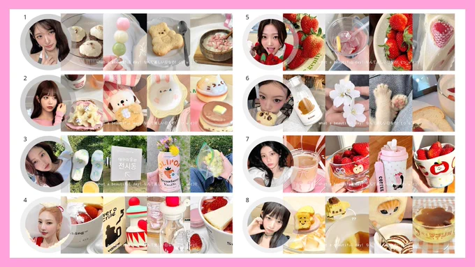 1. leeseo
2. eunchae
3. hyewon
4. joy
5. stella
6. moka
7. wonhee
8. rei