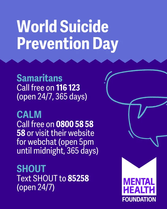 Graphic for World Suicide Prevention Day with contact information for help: Samaritans (call 116 123, 24/7), CALM (call 0800 58 58 58 or webchat, 5pm-midnight), and SHOUT (text 85258, 24/7). Features a speech bubble illustration and the Mental Health Foundation logo.