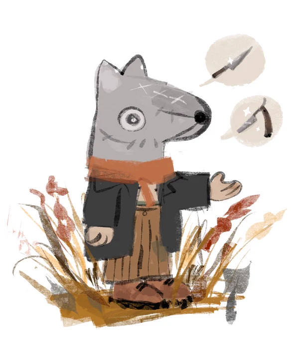 little scribble of a doghead from pathologic standing among tall grass with their hand extended --they are asking for razors & knives to trade 