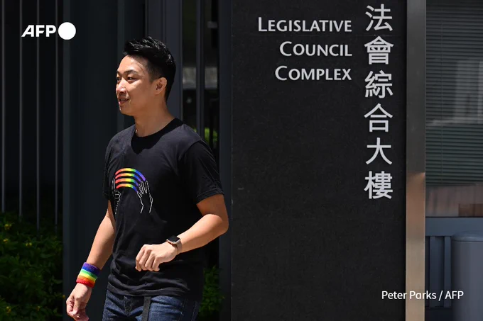 Hong Kong pro-democracy and LGBTQ rights activist Jimmy Sham arrives at the Legislative Council Complex in Hong Kong on September 10, 2025. Hong Kong lawmakers are expected to vote September 10 on whether to grant limited rights to same-sex couples, as fears grow in the LGBTQ community that even this narrow equality bid could be sunk by conservative pro-Beijing voices. (Peter Parks / AFP)