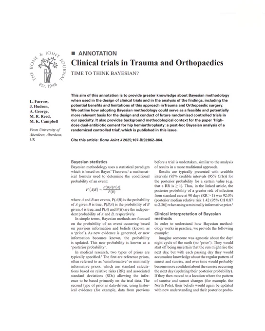 The Bone & Joint Journal.
Extract from article titled 'Clinical trials in Trauma and Orthopaedics: time to think Bayesian?'