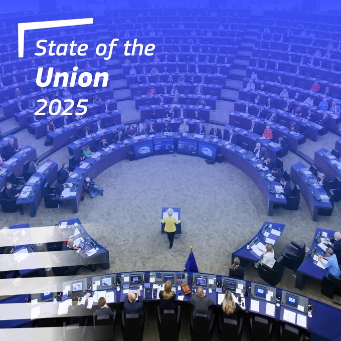 European Parliament chamber with speaker addressing members, text reads 'State of the Union 2025'