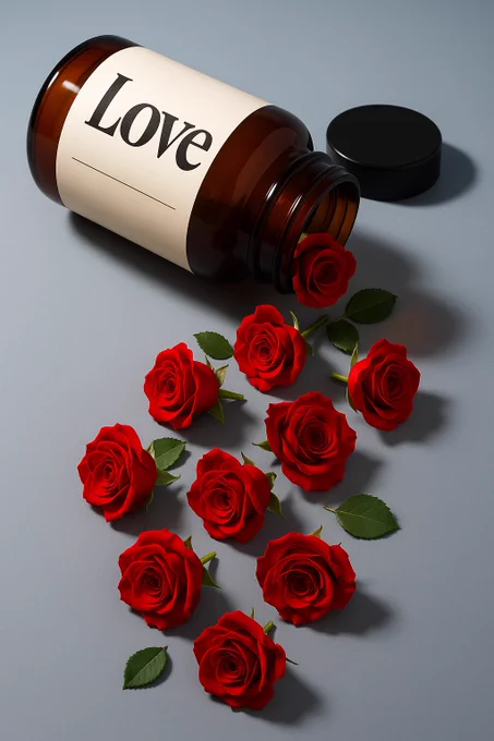 A clean, minimalist product photo on a plain studio background. A large amber glass pill bottle lies on its side with the black cap next to it. The label on the bottle reads ”[INSERT BOTTLE TEXT]” in bold, modern typography. Instead of pills, the bottle spills out multiple [INSERT OBJECTS], arranged aesthetically on the surface. Soft shadows and smooth lighting create a surreal, conceptual advertising look, like a high-end magazine photoshoot. Vertical format 9:16.