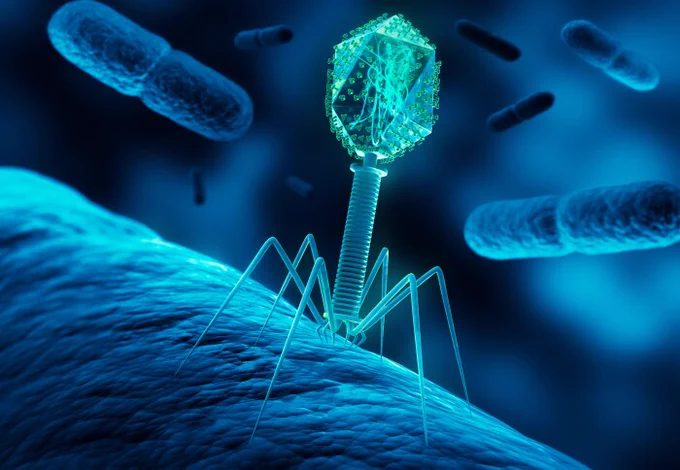 Close-up 3D illustration of a bacteriophage virus attaching to a bacterial cell surface in a blue microscopic environment.