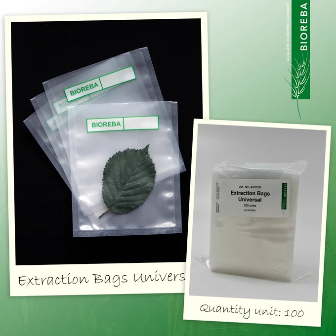 BIOREBA Extraction Bags in different sizes with a synthetic intermediate layer. All extraction bags are ideal for plant tissue extraction to be used in ELISA and PCR.