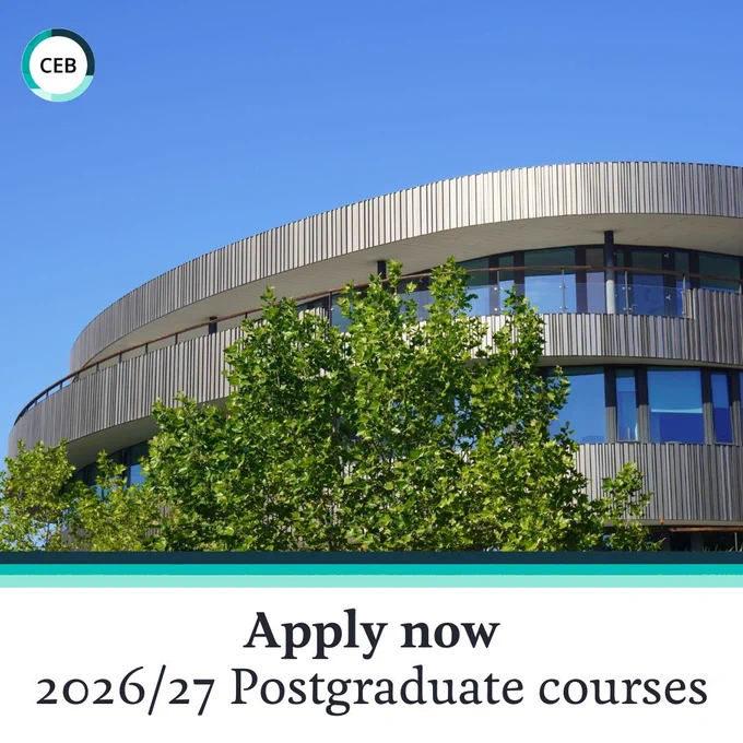 Modern building with a circular design against a clear blue sky, partially obscured by a tree. Text reads: "Apply now 2026/27 Postgraduate courses."