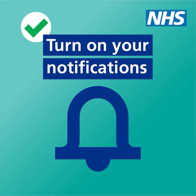 A tick and notifications icon. Text reads: Turn on your notifications. NHS logo is in the top right corner. 