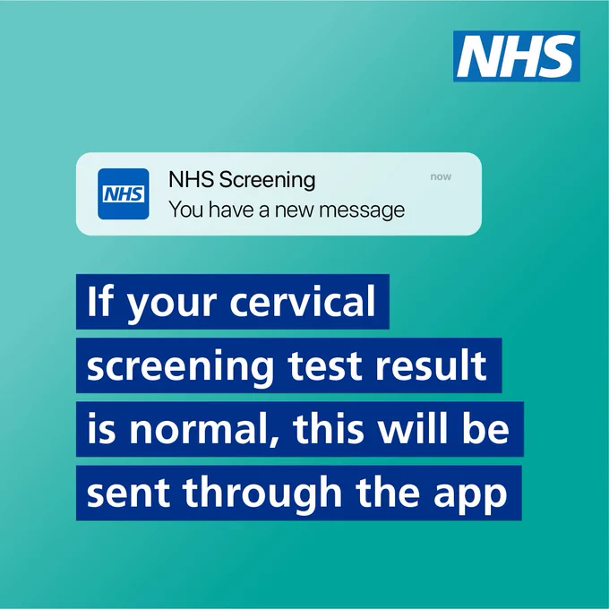 An NHS app style notification that reads "NHS Screening – You have a new message." Text reads: If your cervical screening test result is normal, this will be sent through the app.” 