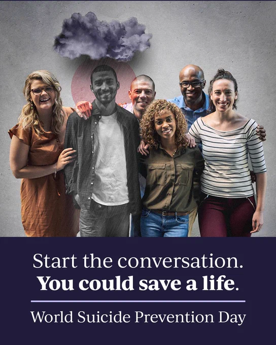 A graphic featuring six people. One person has a smile on their face but a cloud over their head.
Start the conversation. You could save a life. World Suicide Prevention Day
