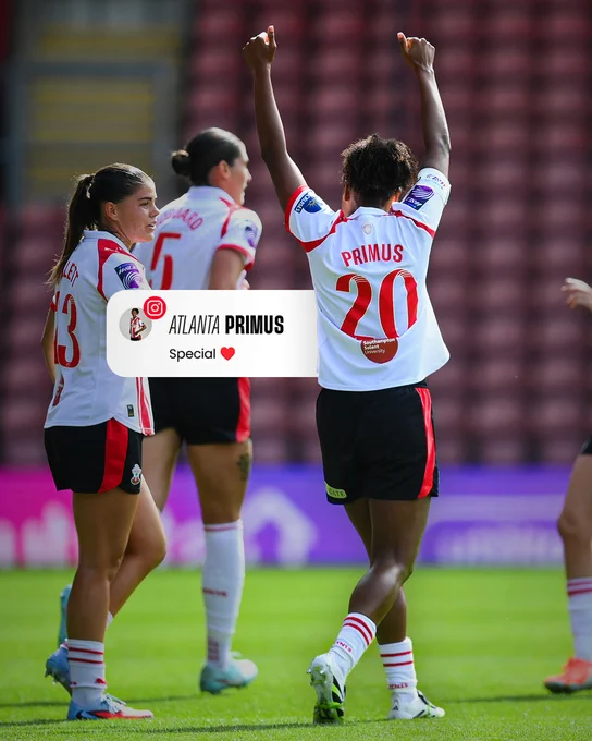 Atlanta Primus celebrates against Ipswich Town in the red and white home kit, a post from her Instagram is added to the image which reads "Special"