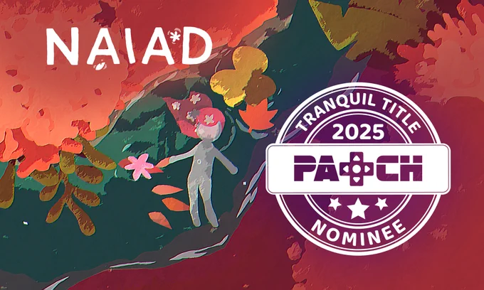 A warm screenshot of NAIAD game showing the little water nymph resting in the river near some fishes. And an overlay with the Patch "Tranquil Title" Nominee logo.