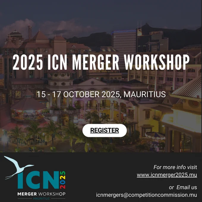 Imagen del 2025 ICN Merger Workshop con fecha 15-17 de octubre en Mauricio. Fondo urbano iluminado, texto central con el evento y botón de “Register”, junto al logotipo del taller.