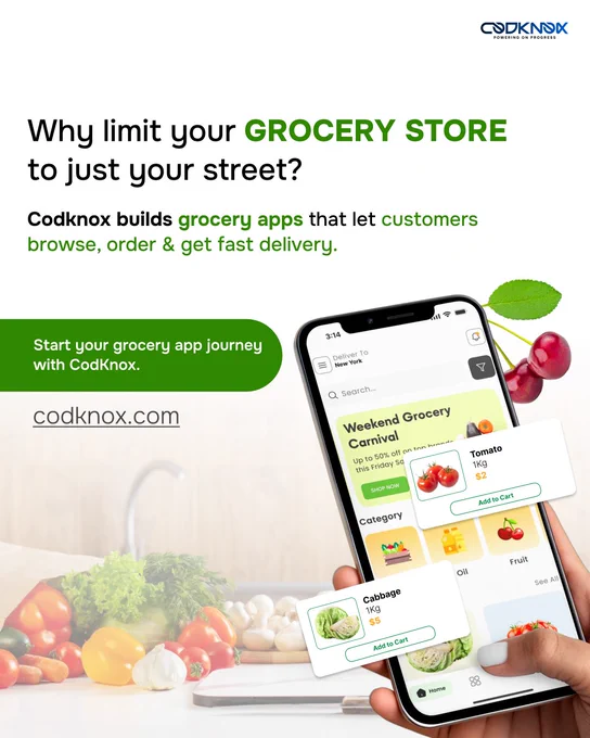 CodKnox ad showing a grocery shopping app on a phone, promoting custom grocery app development for browsing, ordering, and delivery