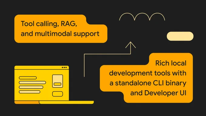 An infographic with a dark background and orange text boxes. The top box says "Tool calling, RAG, and multimodal support." The bottom box says "Rich local development tools with a standalone CLI binary and Developer UI." Between them are icons of a laptop, an oval, and a puzzle piece.