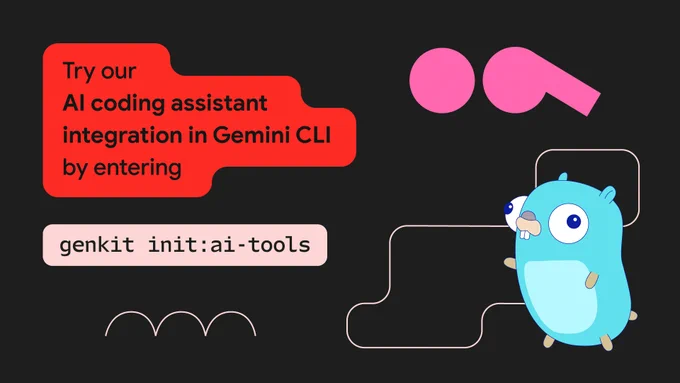 A dark background graphic with a red text box at the top stating, "Try our AI coding assistant integration in Gemini CLI by entering." Below it is a pink box with the command genkit init:ai-tools. To the left is a large pink semicolon icon, and to the right is the light blue Go Gopher mascot looking at the command.