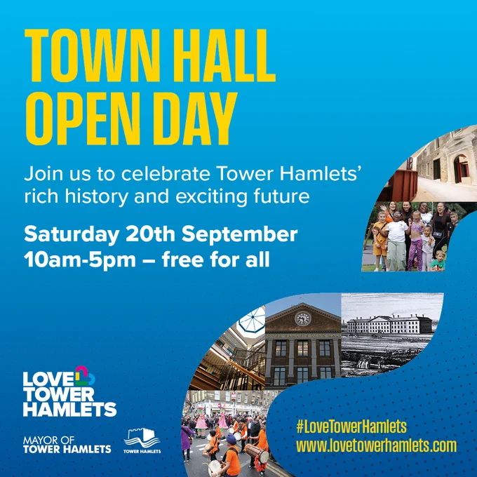 Promotional poster for an Open Day at Tower Hamlets Council Town Hall