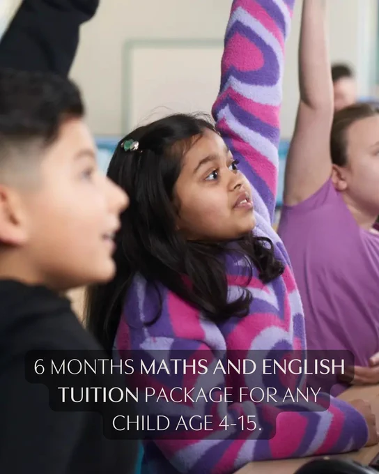 Children in a classroom holding up their hands to answer a question. Text reads: 6 months maths and English tuition package for any child age 4-15. 