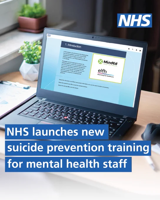 Laptop on desk displaying NHS training. Text reads: NHS launches new suicide prevention training  for mental health staff. NHS logo is in the top right corner.