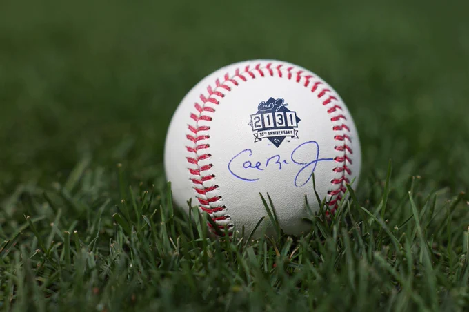 A 2131 30th Anniversary baseball autographed by Cal Ripken, Jr. sits in the grass at Oriole Park.
