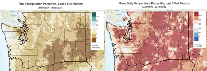 June-August 2025 precipitation and temperature percentile maps for Washington State, created using ClimateToolbox.org. Darkest brown and red shadings reflect record dry and warm conditions over this period, respectively. 