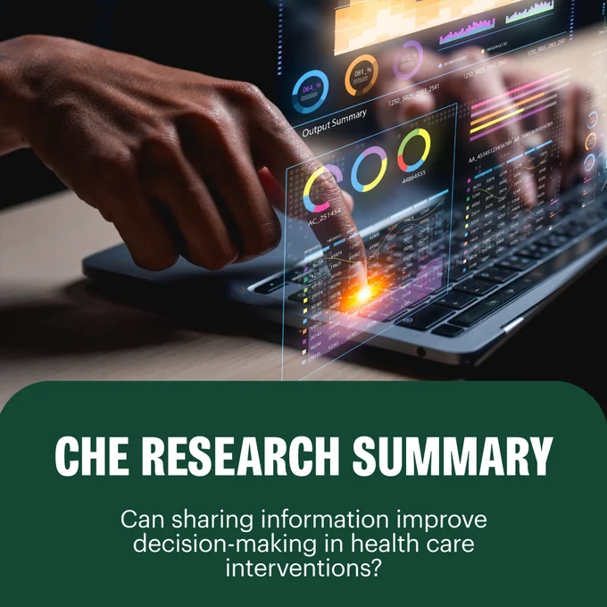 A hand interacting with glowing digital data charts projected above a laptop keyboard. The text overlay reads: 'CHE Research Summary – Can sharing information improve decision-making in health care interventions?